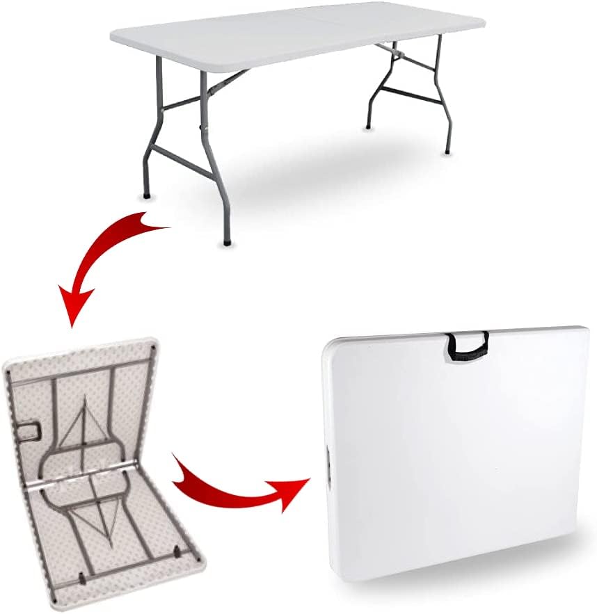 Mesa plegable FoldEase abriéndose y plegándose por la mitad hasta quedar plana